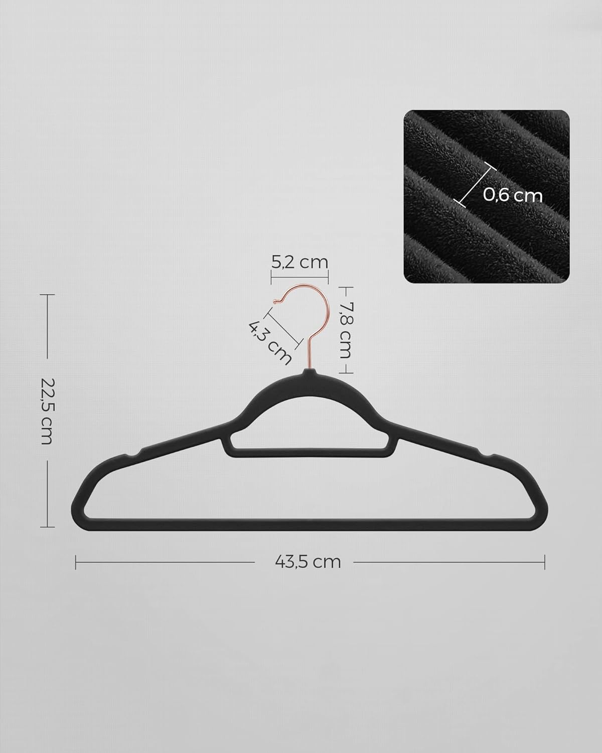 Thumbnail 6 de SONGMICS Grucce Appendiabiti in Velluto 50 pezzi – 0,6 cm, gancio a 360°, capacità 5 kg, nero CRF21BK50