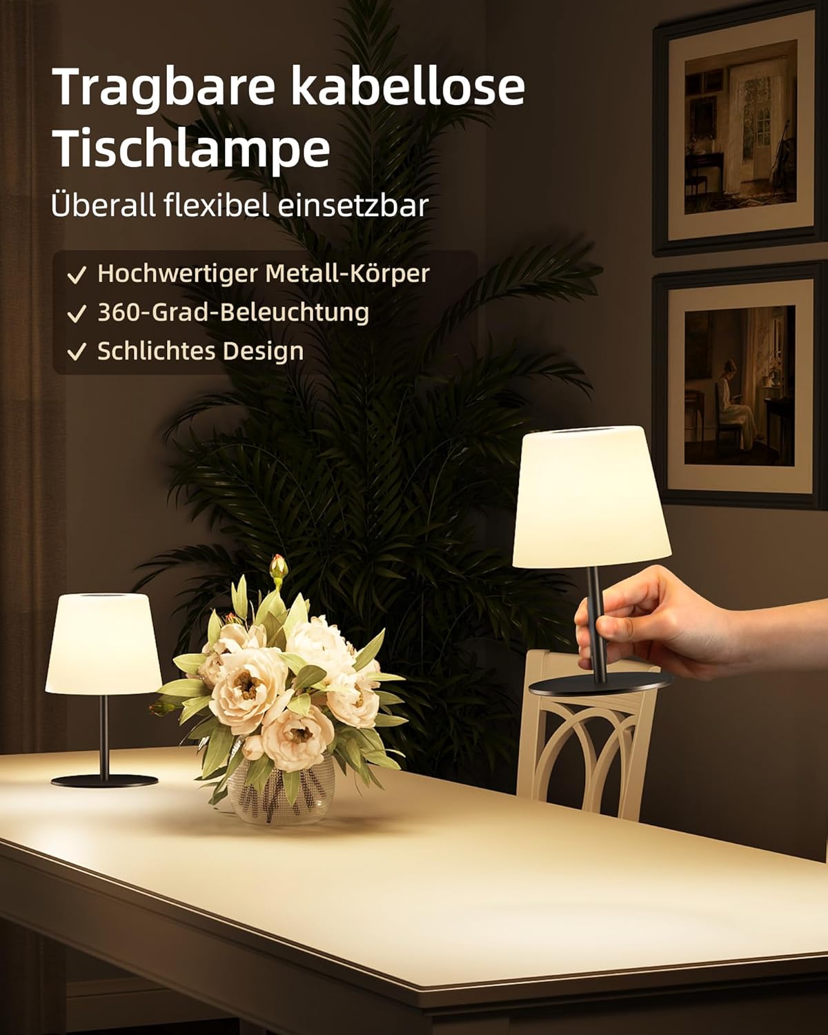 Thumbnail 1 de EZVALO 2er-Set Kabellose Tischlampe LED – IP65, 4500mAh USB-C, Touch-Dimmbar, 3 Farbtemperaturen