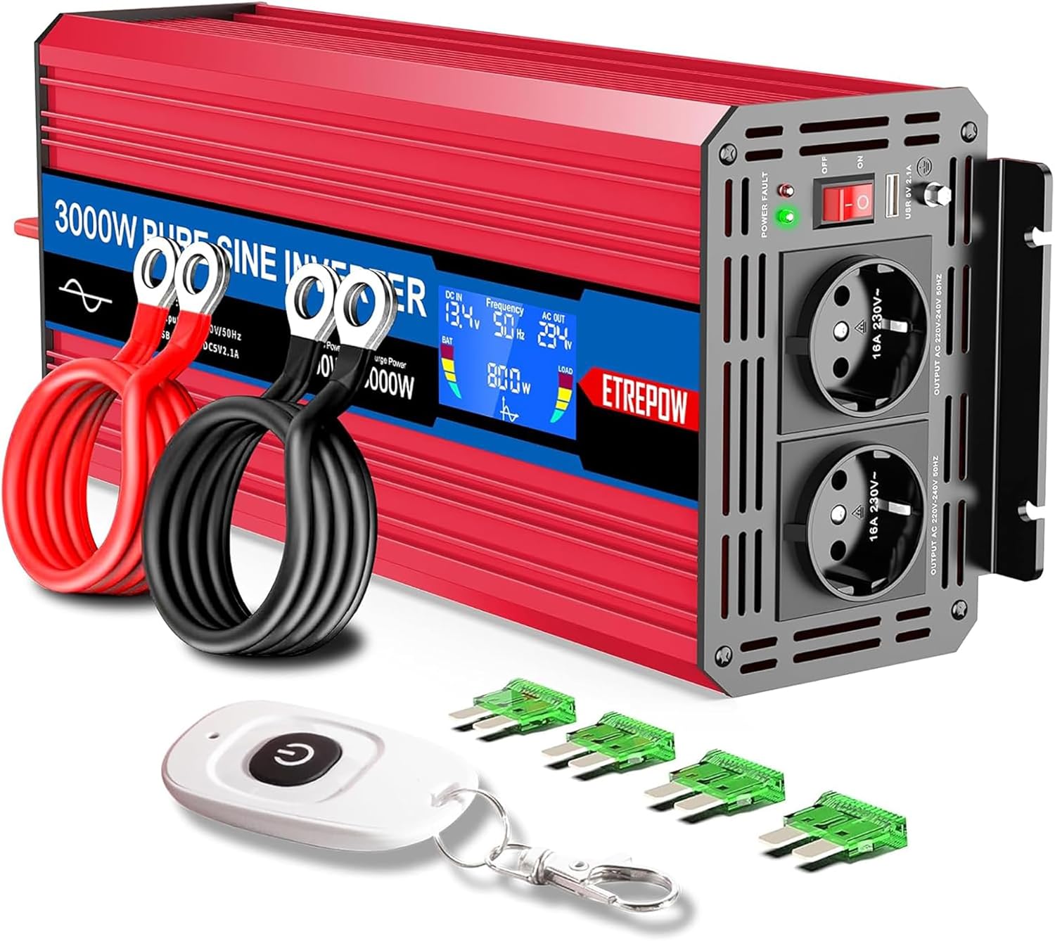 ETREPOW Inverter 3000W 12V → 220V Onda Pura con display LCD e telecomando, 2 prese UE + USB – ideale per camper e barca
