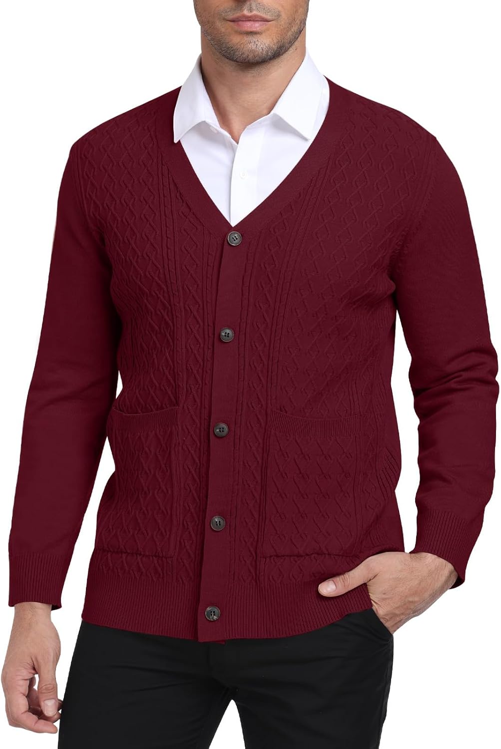 Thumbnail 6 de PCEAIIH Men's Cardigan Sweater Knit Jumper with V-Neck, Shawl Collar, Pockets and Long Sleeves