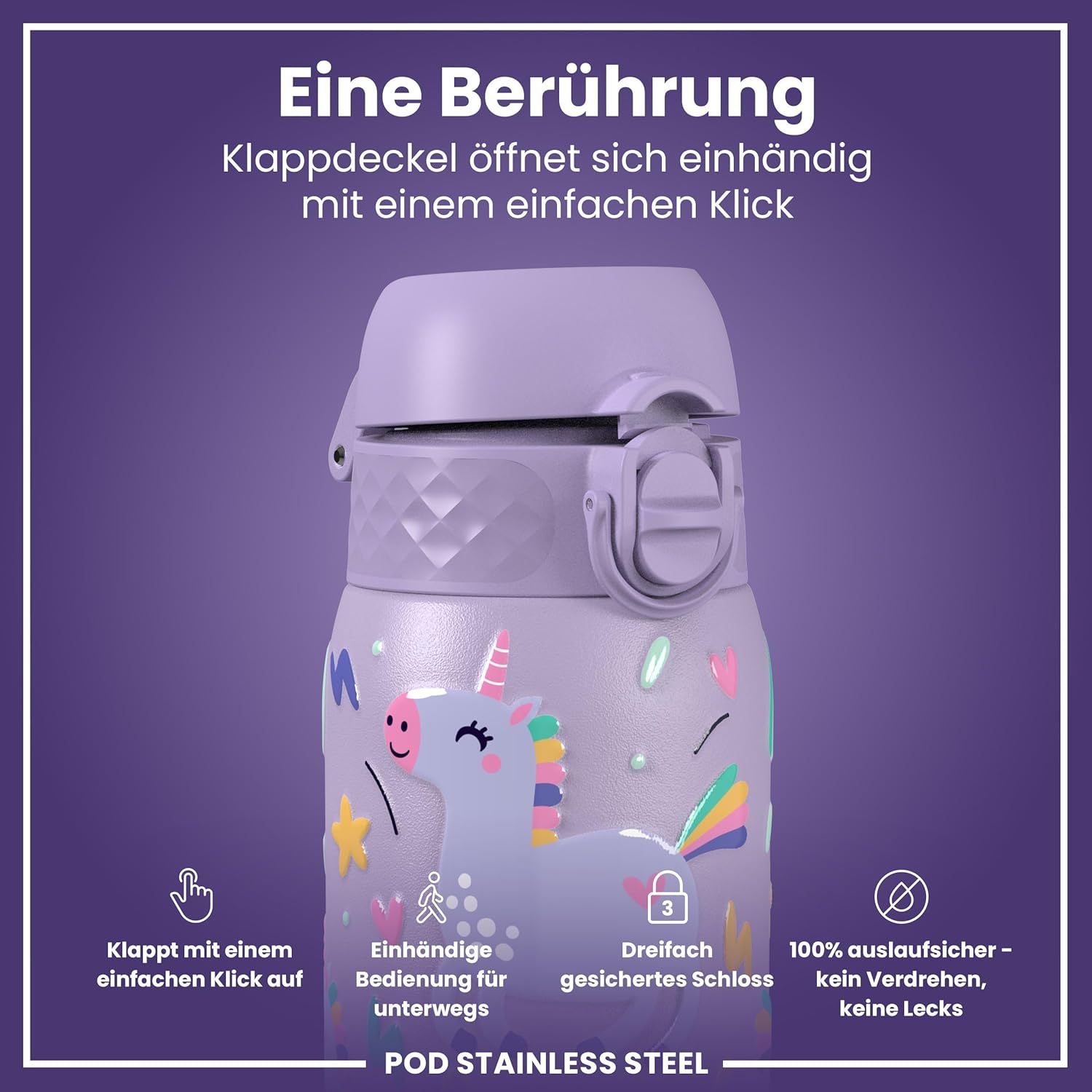Detalle de Ion8 Edelstahl-Trinkflasche 400 ml – leicht, auslaufsicher, Einhandöffnung, violettes Einhorn