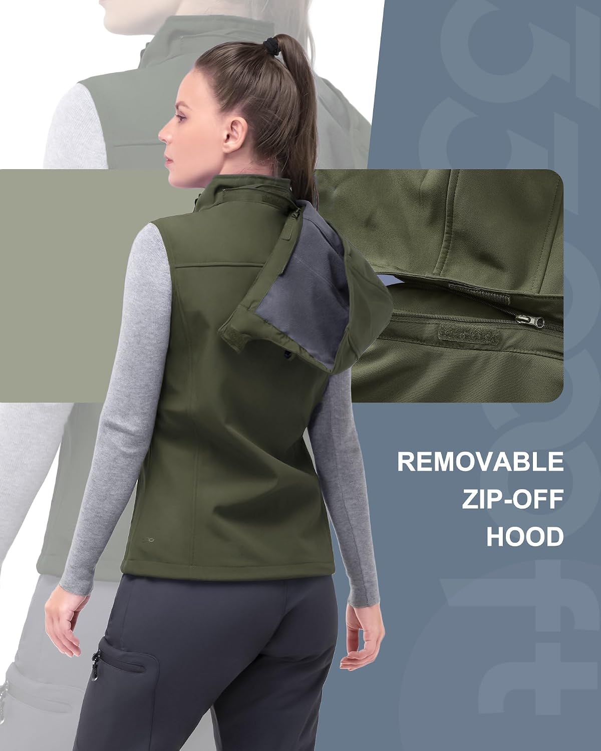 Detalle 2 de 33,000ft Damen Softshell-Weste mit abnehmbarer Kapuze – wasserdicht, winddicht, mit Fleece-Futter und 5 Taschen