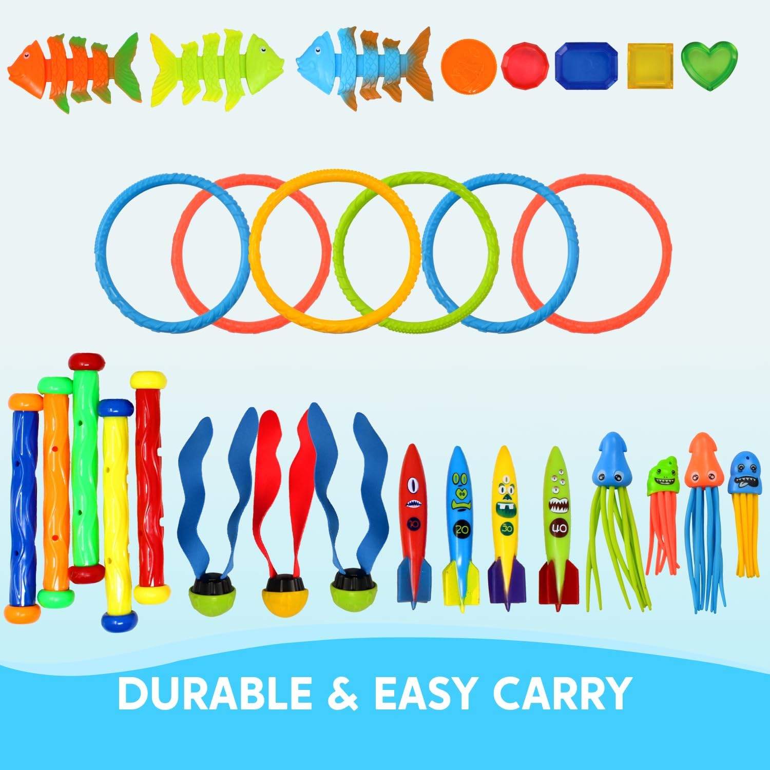 Detalle de JO YIN 30 Pcs Diving Pool Toys Set with Storage Bag – For Kids