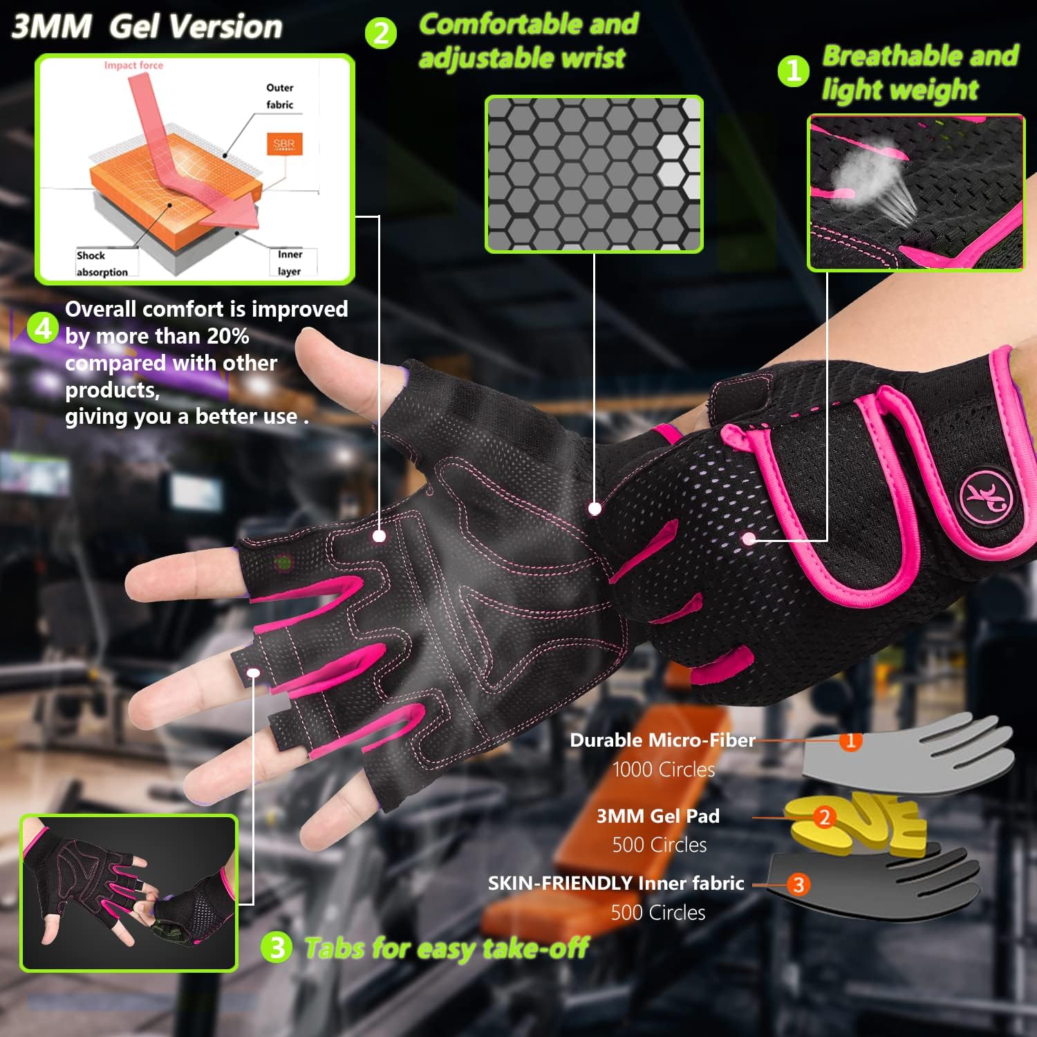 Detalle 2 de MOREOK MK1003 Fingerless Workout Gloves, 3mm Gel Palm Pads, Adjustable Wrist