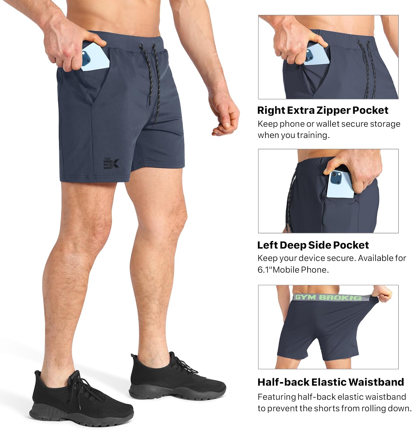 Thumbnail 2 de Mens stretch gym shorts with zip pocket