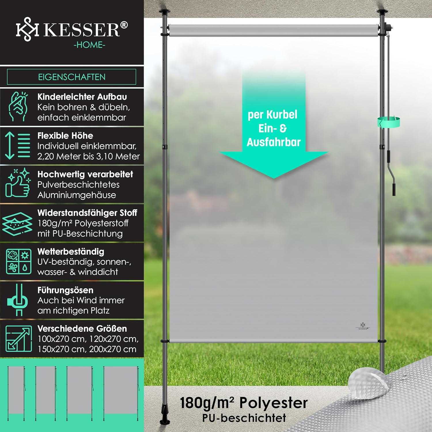 Thumbnail 1 de KESSER Klemmmarkise 120x310 cm – wetterfester Sichtschutz für Balkon und Garten (Grau)