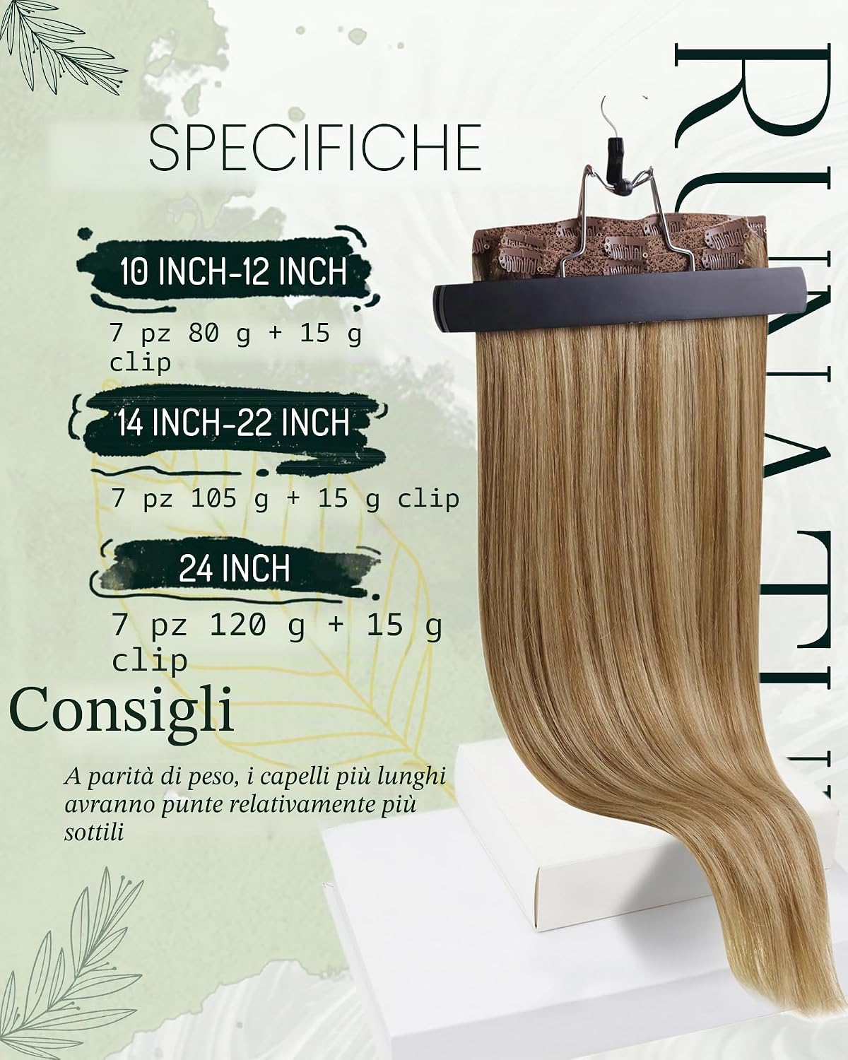 Thumbnail 1 de RUNATURE Extension Clip Capelli Veri 120g 35cm – 7 Pezzi Marrone Chiaro Biondi #10P16