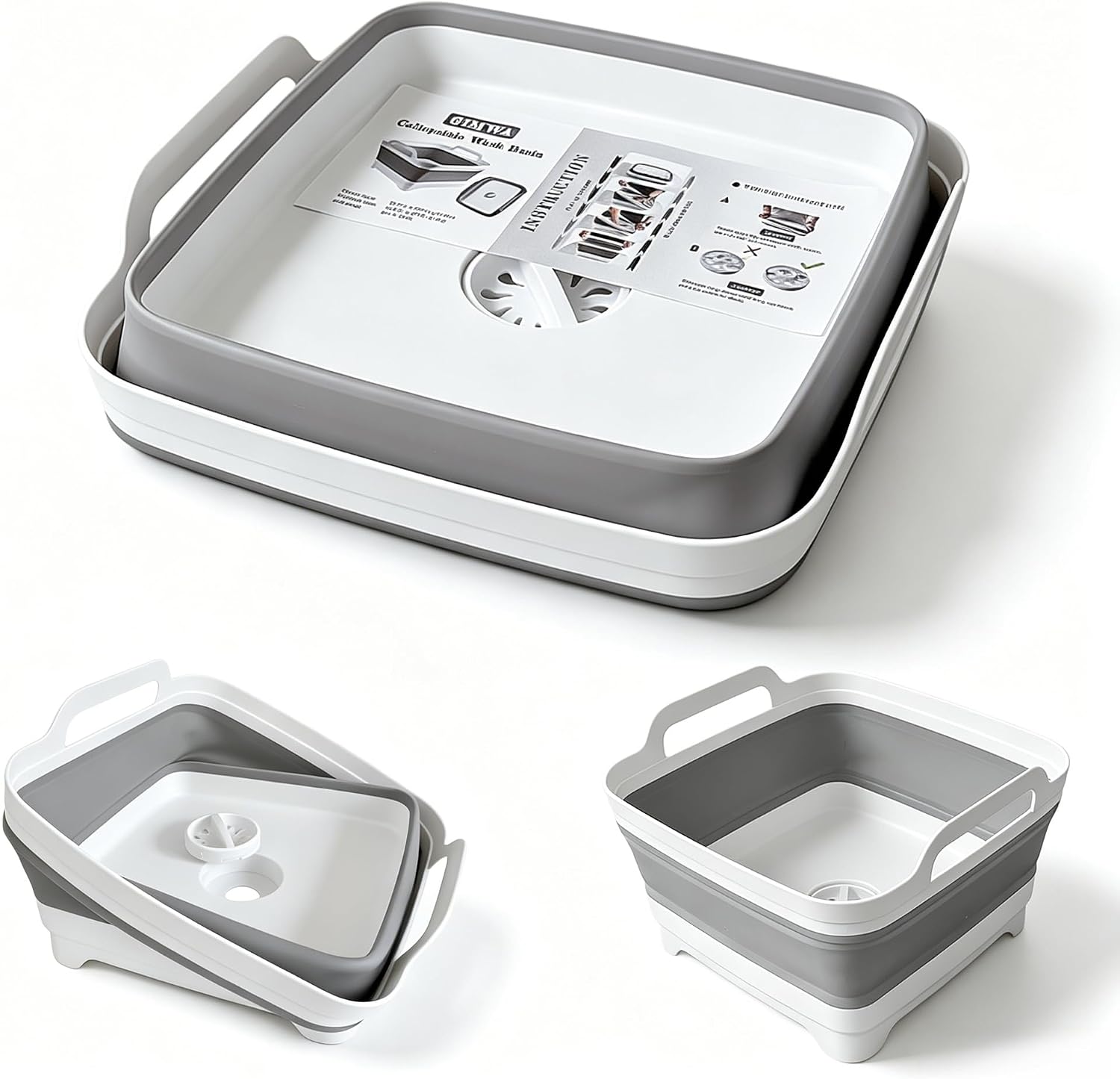 GIMWA Collapsible Wash Basin with Drain Plug — 2.4 Gallon Foldable Sink (Gray)