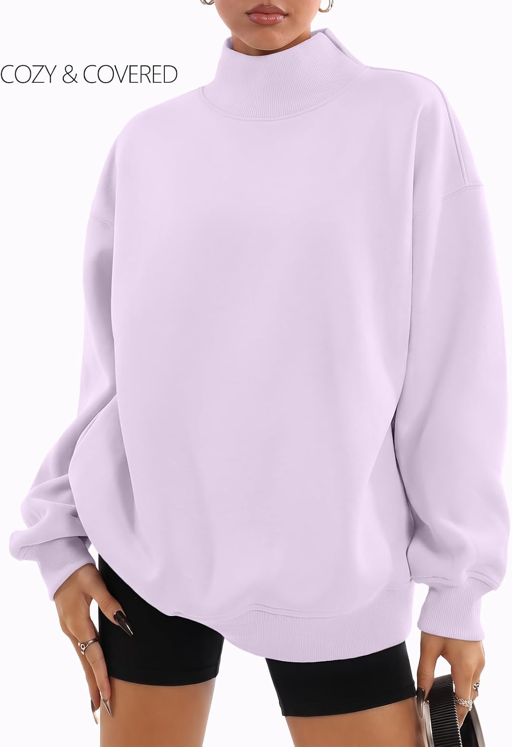 Detalle 2 de Trendy Queen Women's Mock Neck Sweatshirt — Oversized Cozy Fall Essential