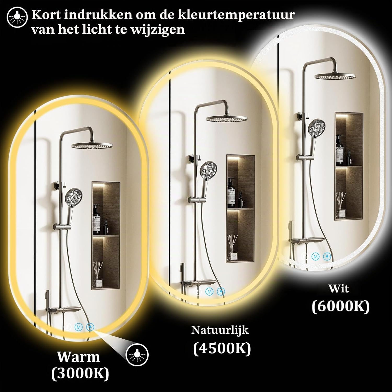 Detalle de XRAMFY LED-badkamerspiegel 70 × 40 cm, ovaal en dimbaar met anticondensfunctie