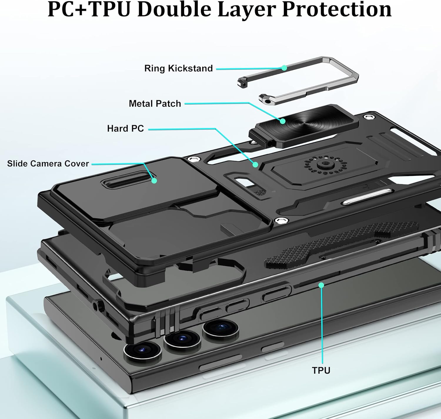 Thumbnail 4 de Jshru shockproof case for Samsung Galaxy S23 Ultra 5G with sliding camera cover and ring kickstand (Black)