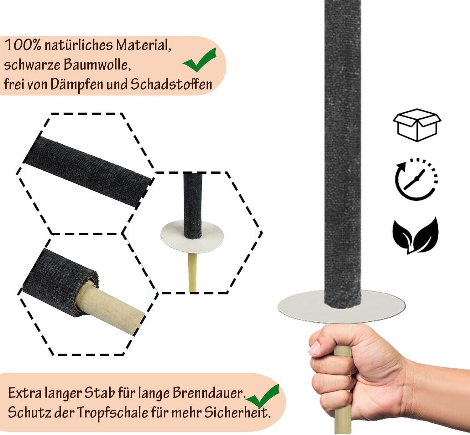 Detalle de LZQ set van 25 wasfakkels met extra lange houten handgreep, tot 100 min