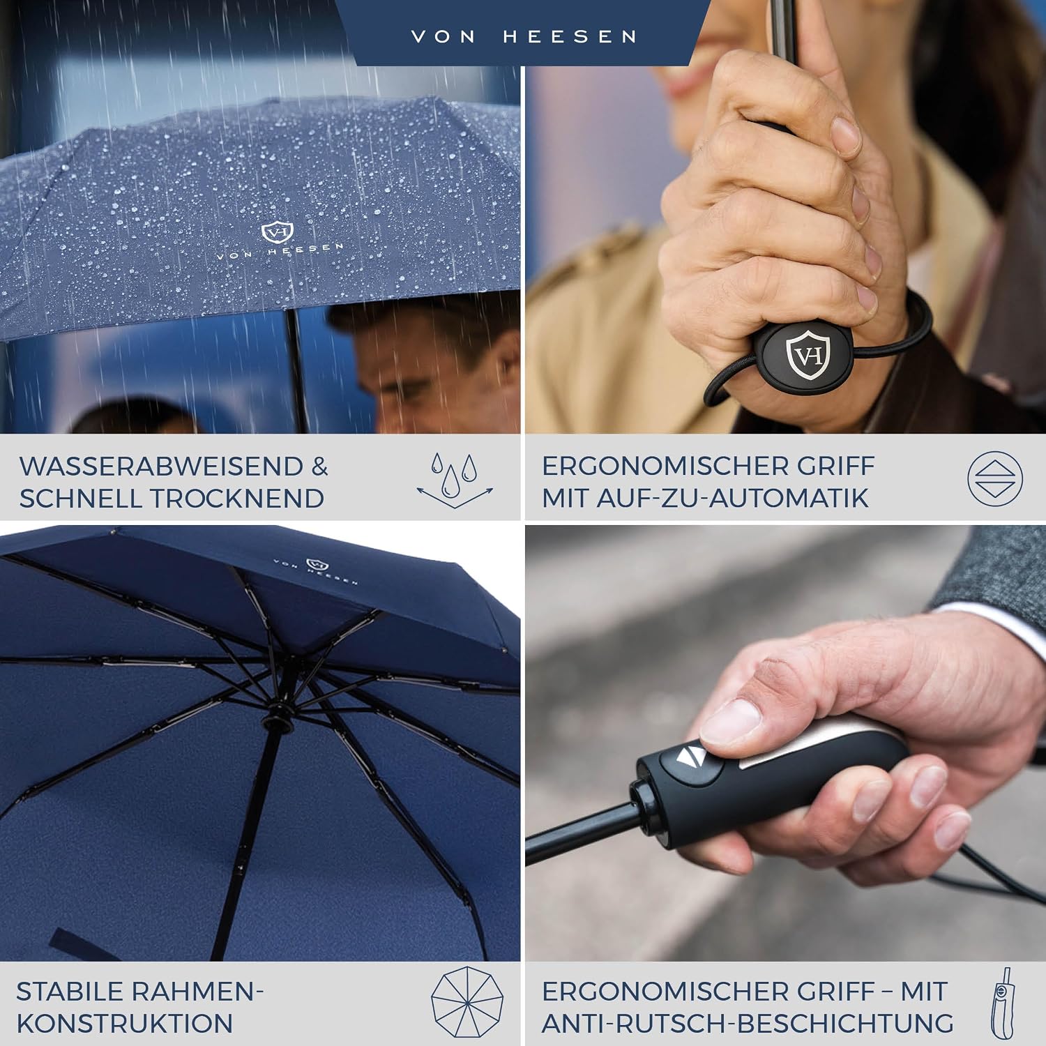 Detalle 2 de VON HEESEN Taschenschirm sturmfest bis 140 km/h inkl. Schirm-Tasche & Reise-Etui