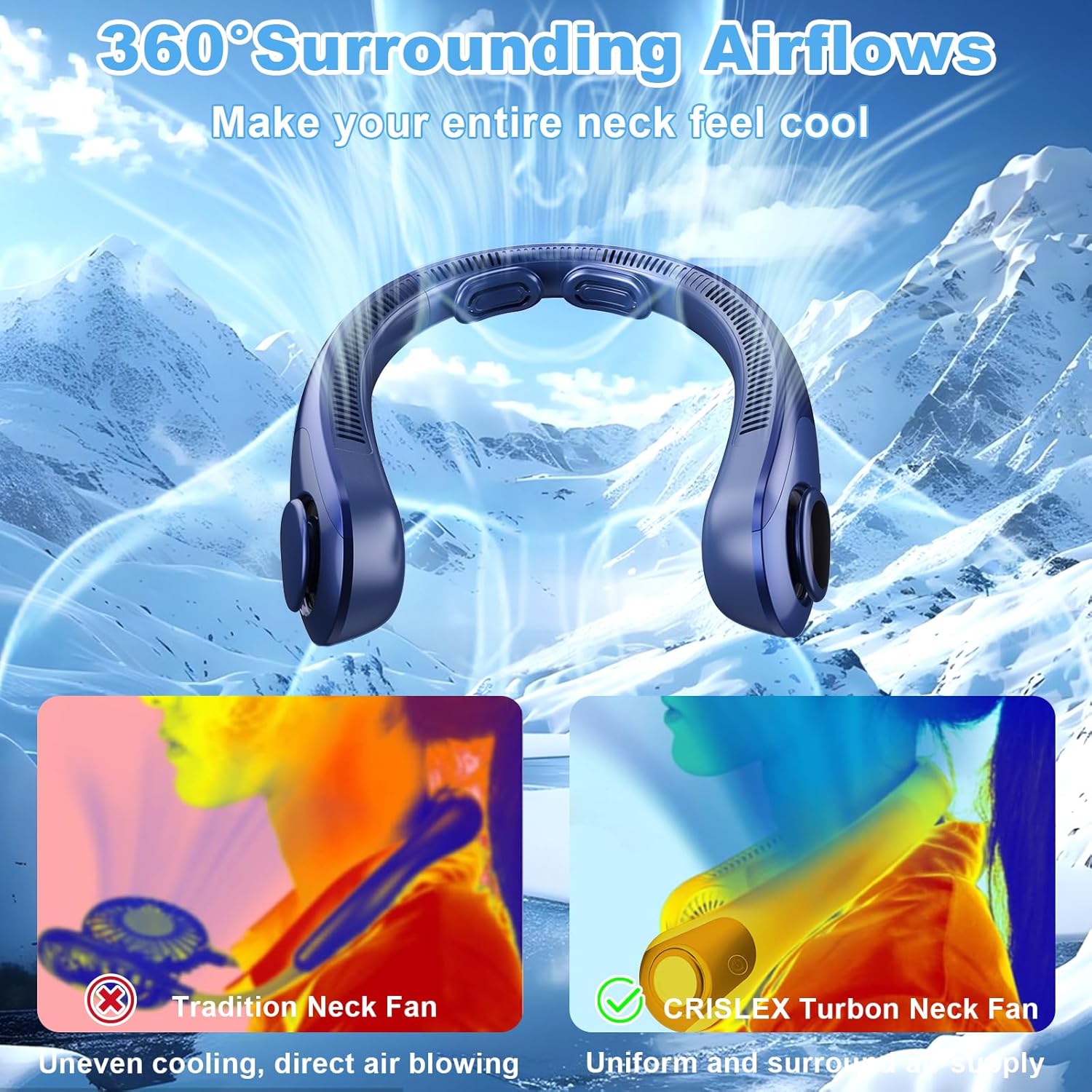 Detalle de CRISLEX Portable Neck Fan: 5-Speed, Bladeless Cooling with LED Display