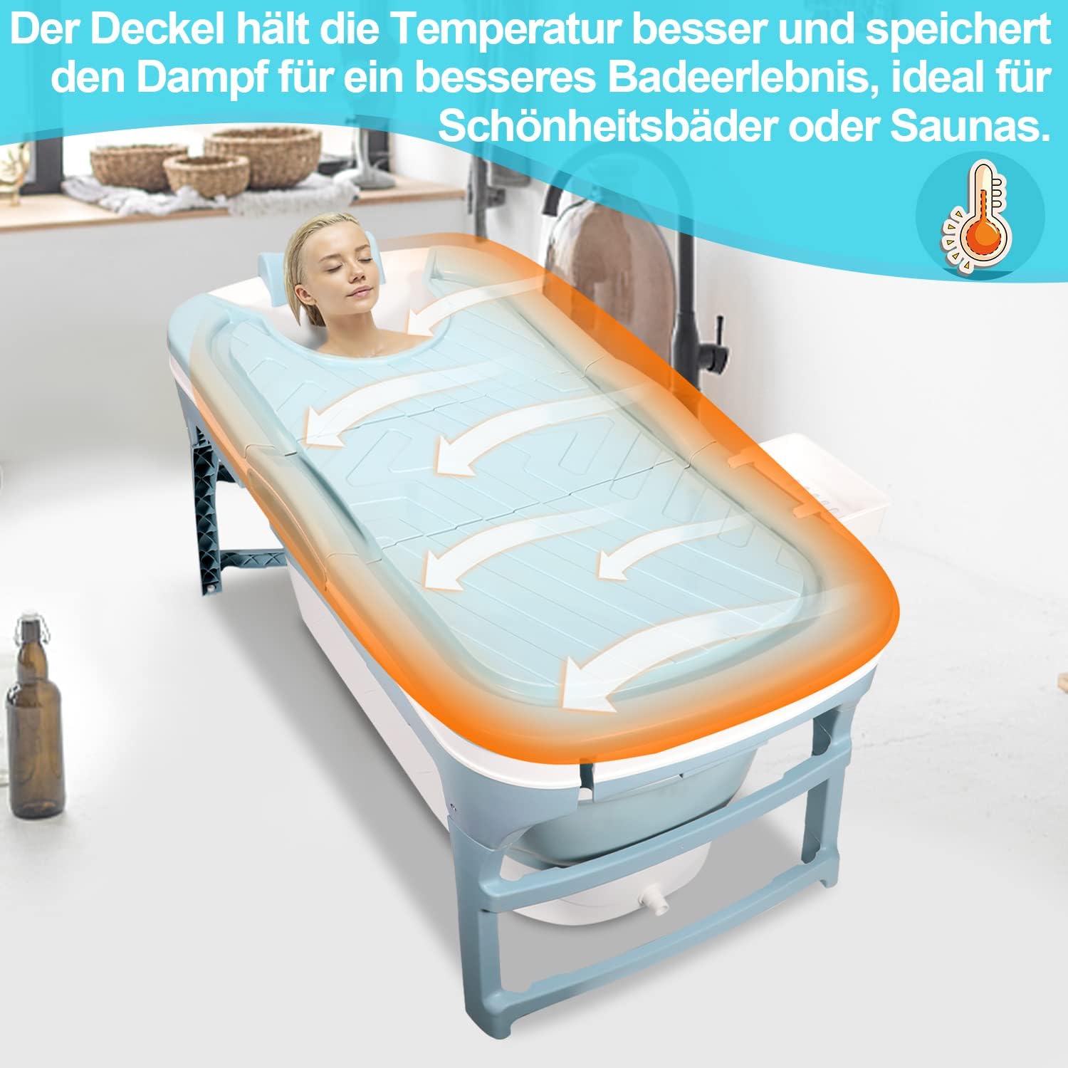 Detalle de Cecaylie Vasca da bagno portatile pieghevole per adulti con coperchio e cestino – 118 x 60 x 50 cm, blu