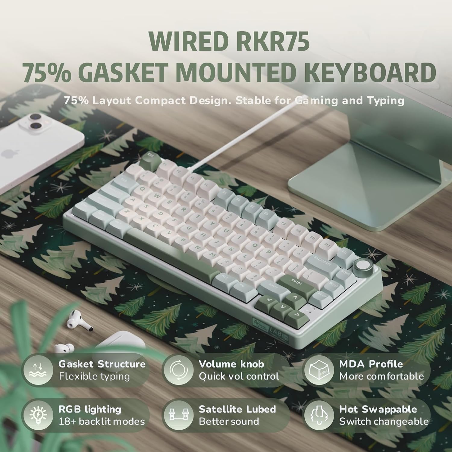 Thumbnail 1 de RK ROYAL KLUDGE R75 75% Wired Mechanical Keyboard with Volume Knob (Hot-Swappable, Gasket Mounted, Creamy Sound, MDA + PBT)