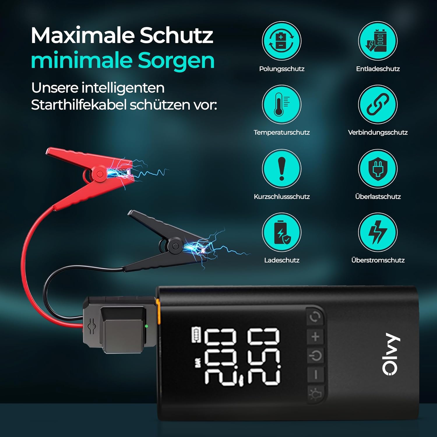 Detalle de Olvy 4-in-1 Tragbarer Starthilfe-Booster mit Luftkompressor – 1500 A Spitzenleistung, 12000 mAh Powerbank