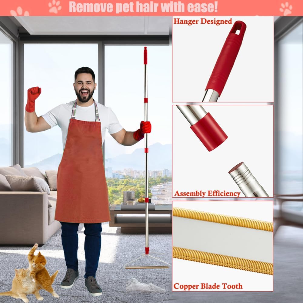 Detalle de Upgrated carpet rake for pet hair removal with long handle (with mini scraper) — 2-in-1 rug and stair brush