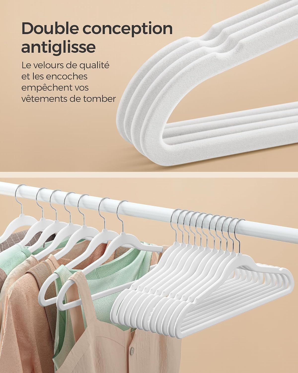 Thumbnail 2 de SONGMICS CRF026W20 – Lot de 20 cintres en velours adulte avec crochets pivotants 360° (argent et blanc) 41,5 cm