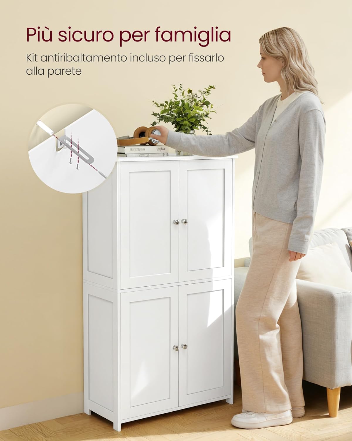 Thumbnail 6 de VASAGLE BBC553WH01 — Mobiletto da bagno con 2 vani, ante regolabili e antiribaltamento, bianco Nuvola