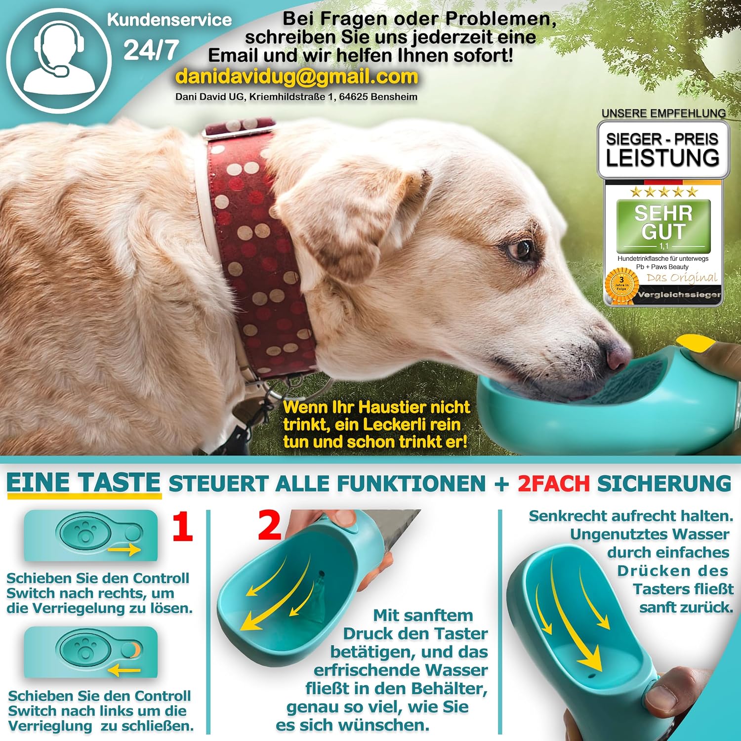 Detalle 2 de Paws Elegance 550ml - Türkis hondendrinkfles met voerhouder, BPA-vrij
