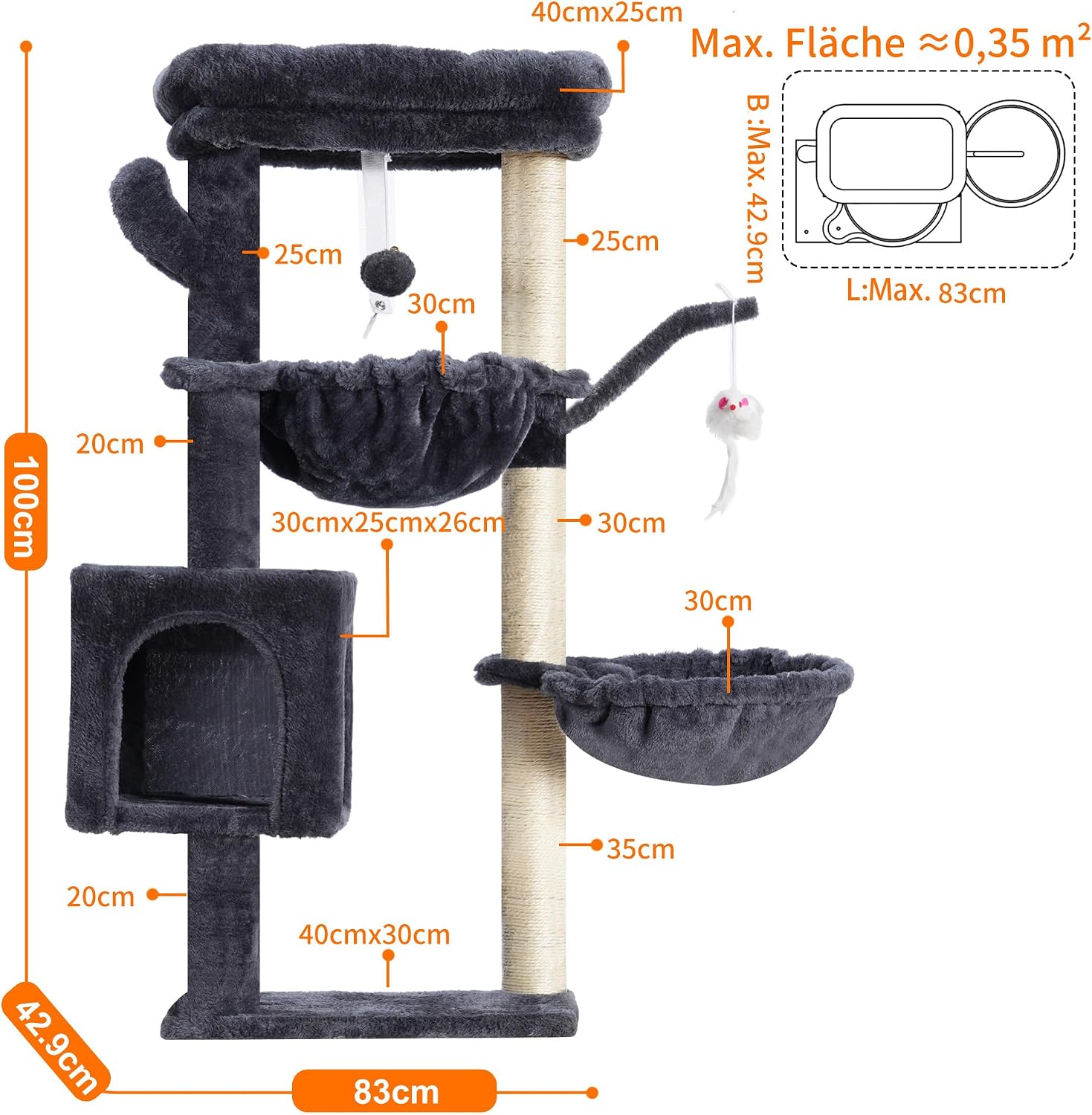 Thumbnail 6 de Heybly Cat Tree, 100 cm Tower Condo with Cat Scratching Post – Smoky Gray HCT006SG