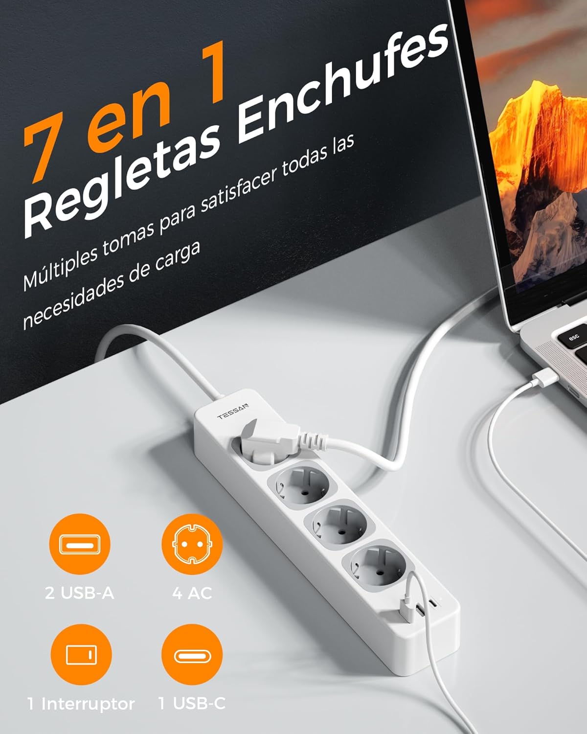 Thumbnail 1 de TESSAN Regletas 7 en 1 con USB C y A, 10m ⚡️