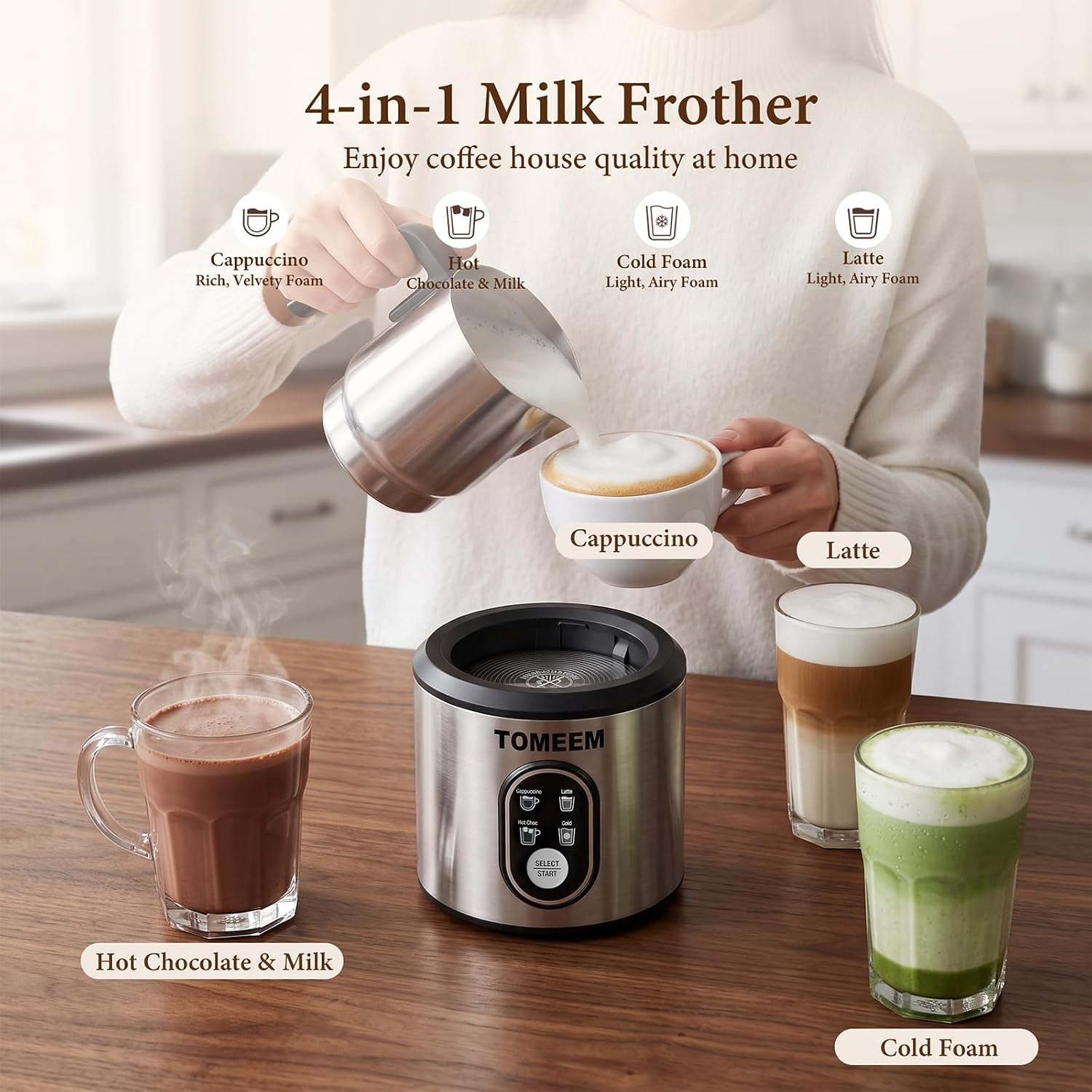 Detalle de TOMEEM Electric Milk Frother, Stainless Steel
