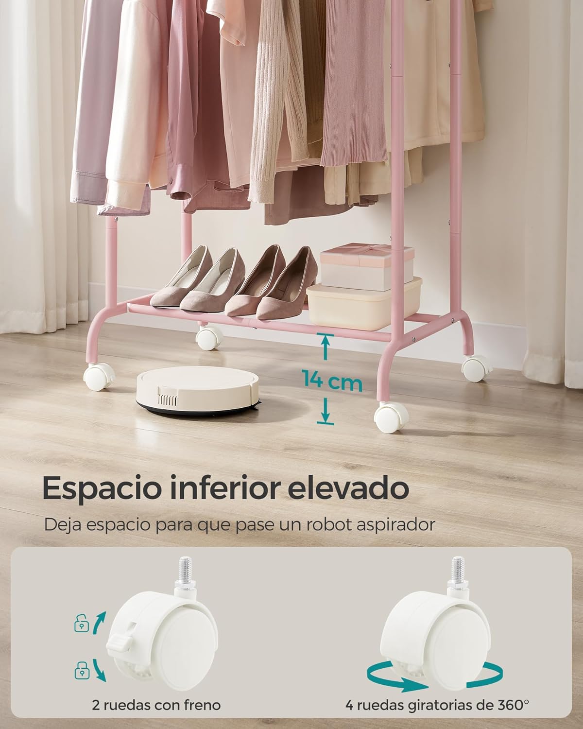 Thumbnail 4 de SONGMICS Burro para Ropa Extensible con Ruedas, Rosa Jalea