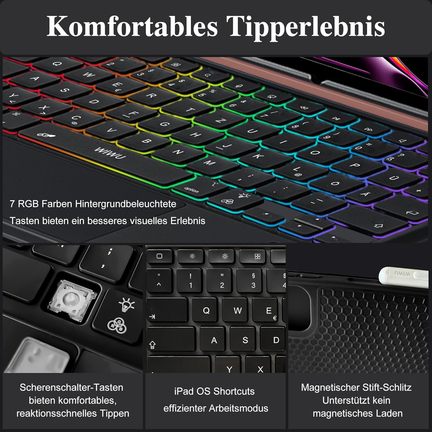 Thumbnail 4 de WIWU iPad Pro 13 Hülle mit Tastatur 3 in 1 – magnetisch abnehmbar, Beleuchtete Tasten, Touchpad (Schwarz) für iPad Pro 13" M4/M5 2024/2025