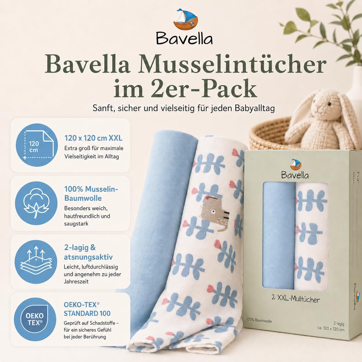 Detalle 2 de Bavella 2er Set XXL Musselin Baby Decke & Tuch 120x120 cm – ÖKO-TEX zertifiziert, 100% Baumwolle