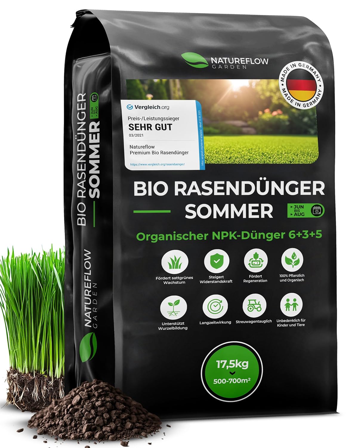 Detalle de Bio Rasendünger Sommer TESTSIEGER Made in Germany – 17,5 kg für 700 qm | Natureflow Garden