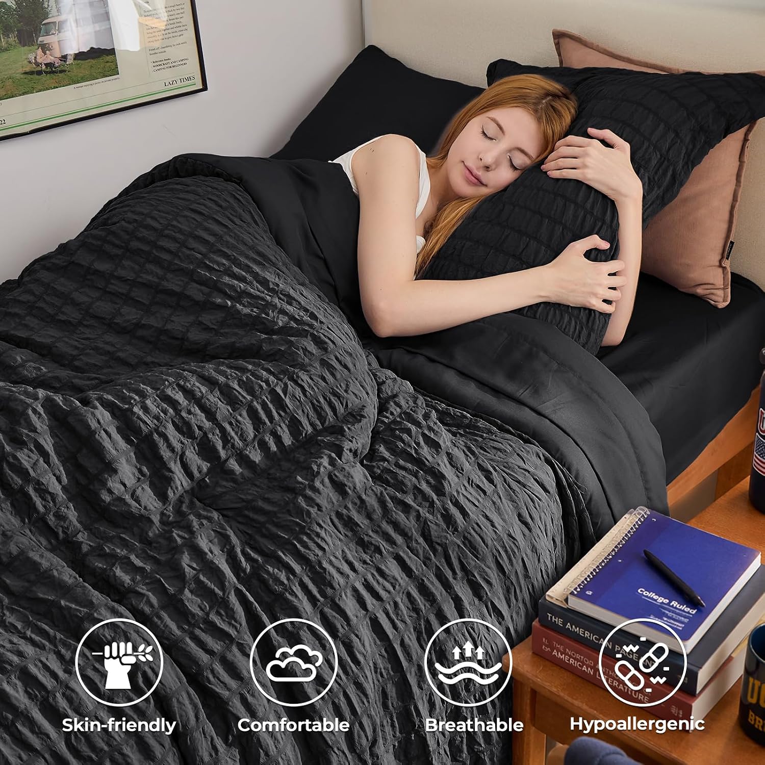 Detalle de HYMOKEGE Black Twin Comforter Set Seersucker 5-Piece Bed in a Bag
