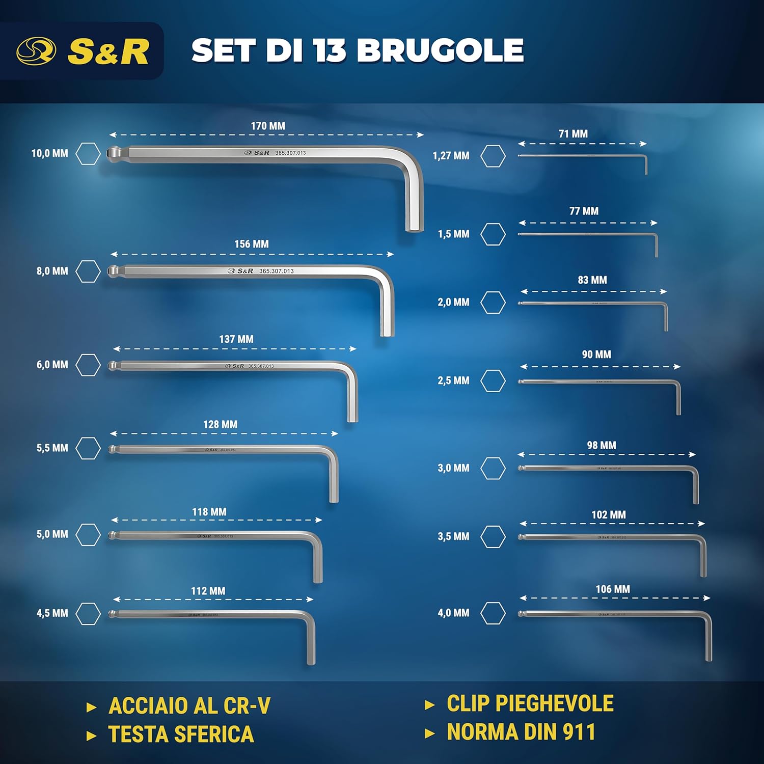 Thumbnail 1 de S&R Chiavi a Brugola - Set Brugole Metriche Lunghe (13 pezzi) con testa sferica