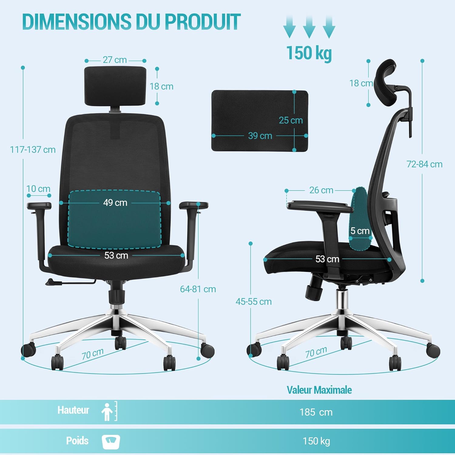 Thumbnail 2 de Hzuaneri Chaise de bureau ergonomique ON00199B avec appui-tête et soutien lombaire réglables (jusqu’à 150 kg), noir