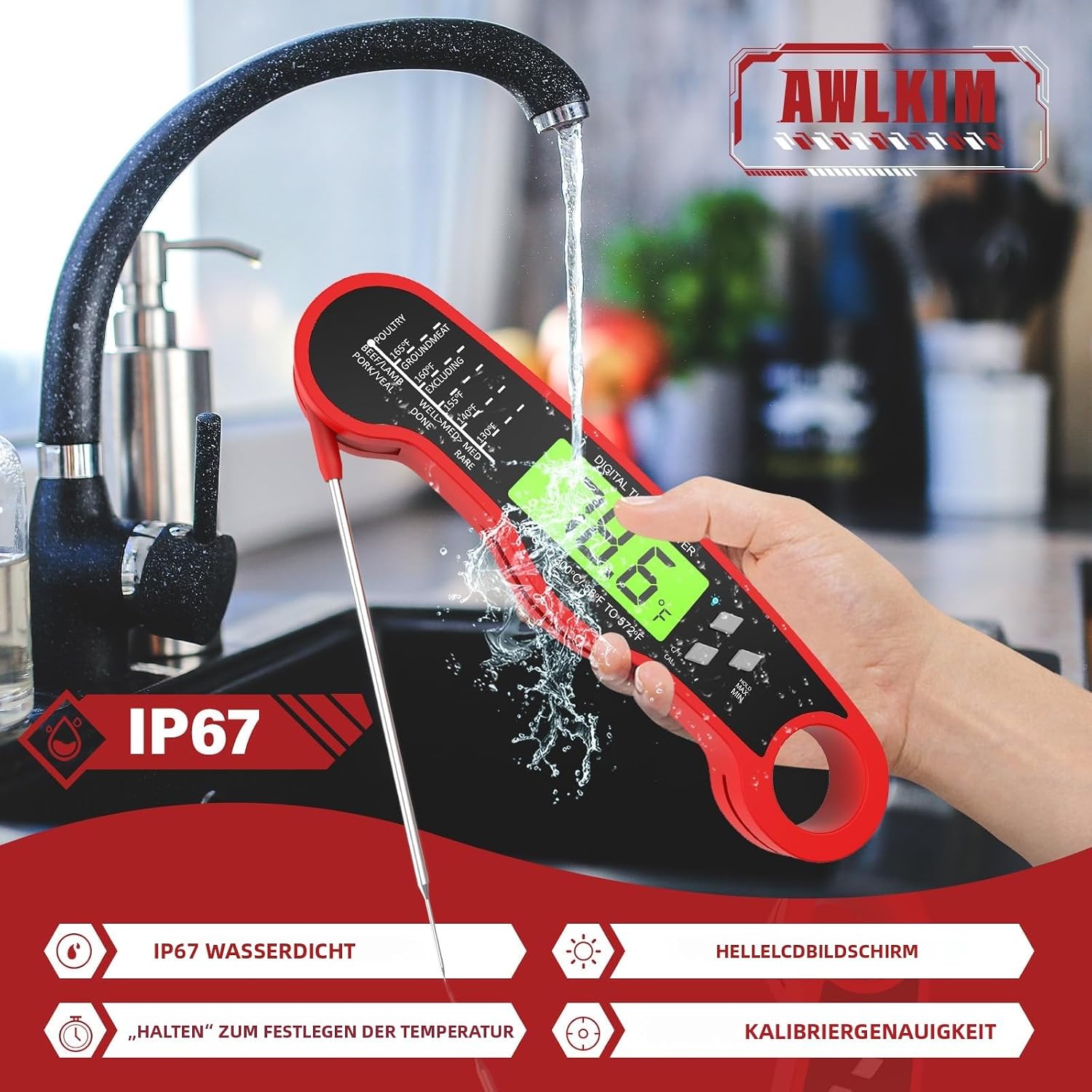 Detalle de AWLKIM digitale vleesthermometer met inklapbare sonde, LCD en magneet