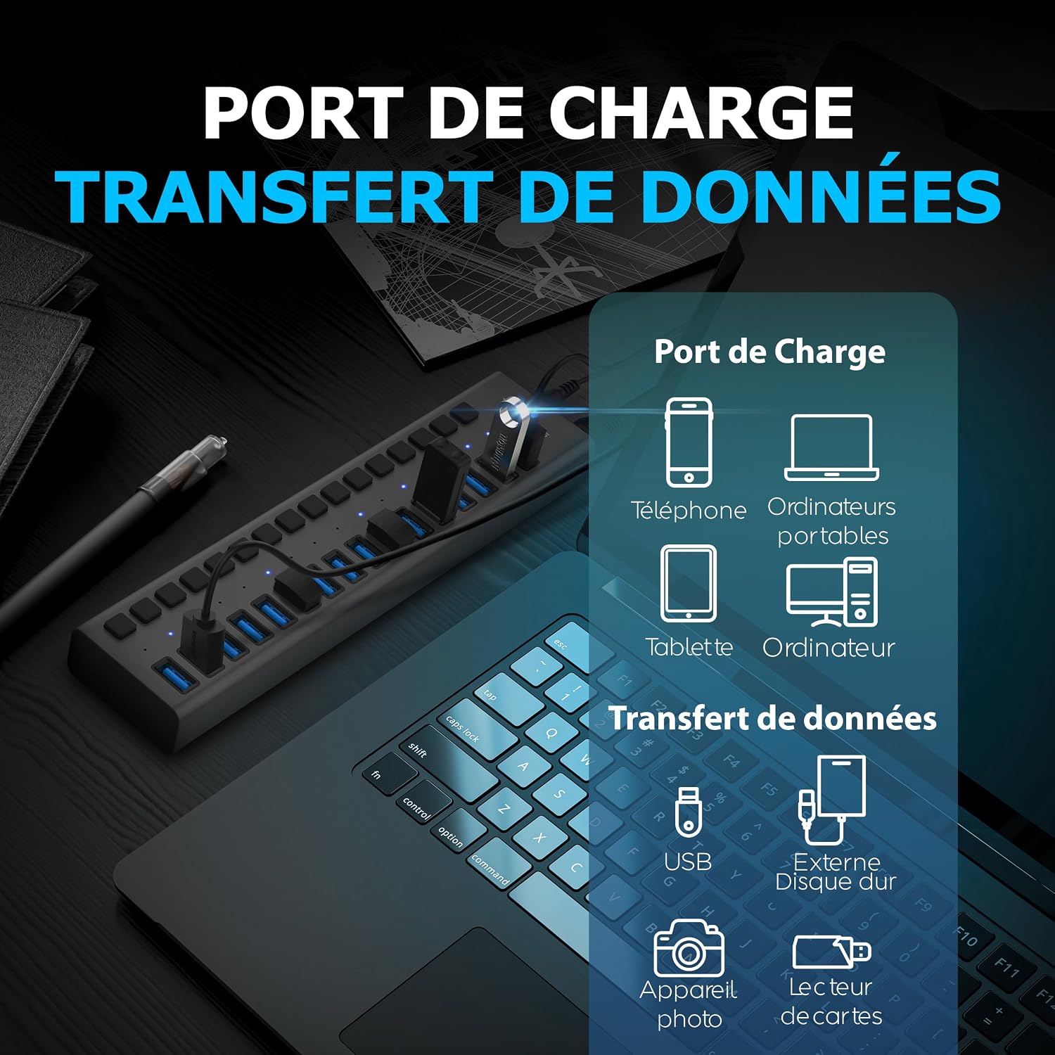 Detalle de SABRENT Hub USB alimenté 16 ports 5 Gbps (HB-PU16) avec adaptateur 12V/7,5A 90W
