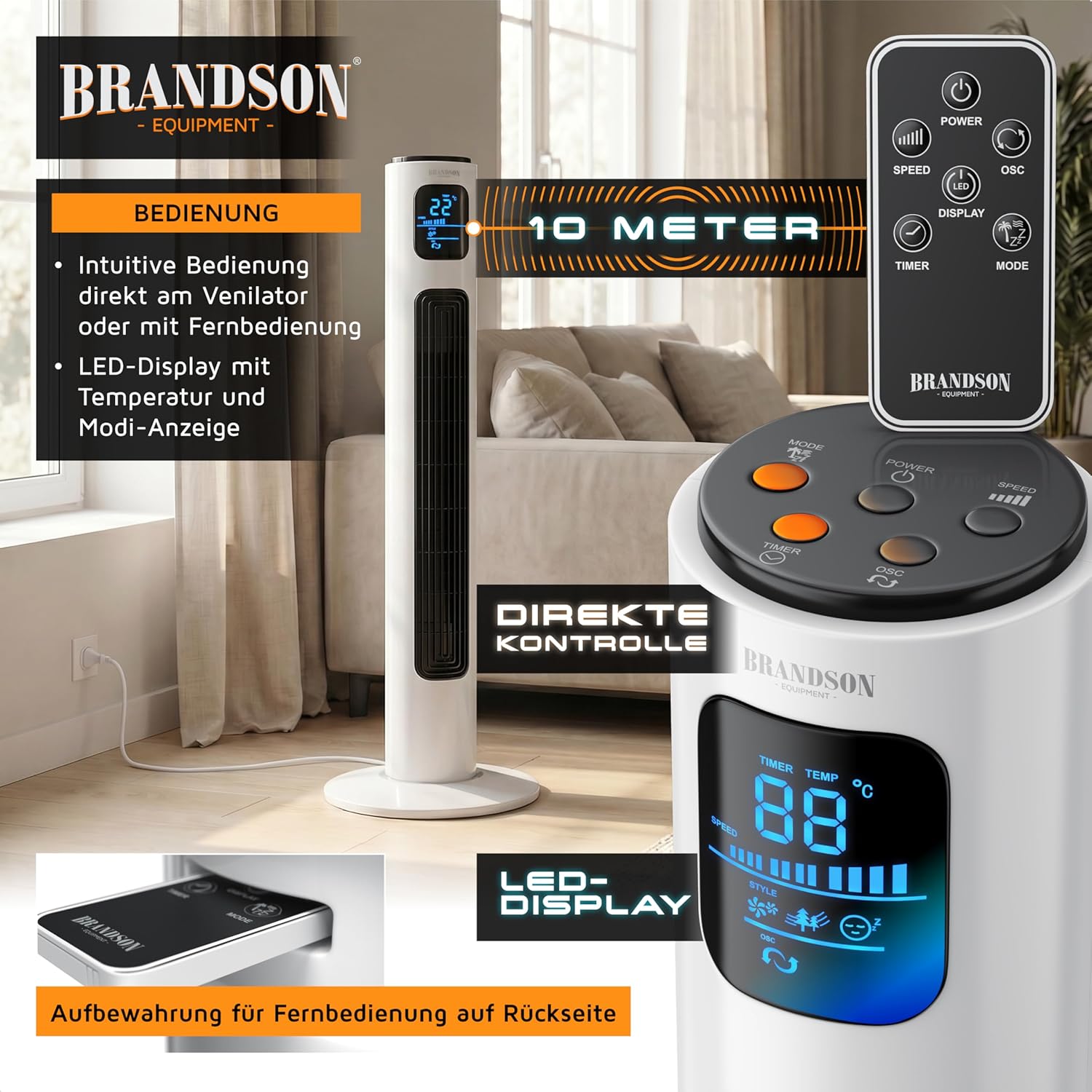 Thumbnail 6 de Brandson Turmventilator mit Fernbedienung (96 cm) – 45-W-Motor, Oszillation & Timer