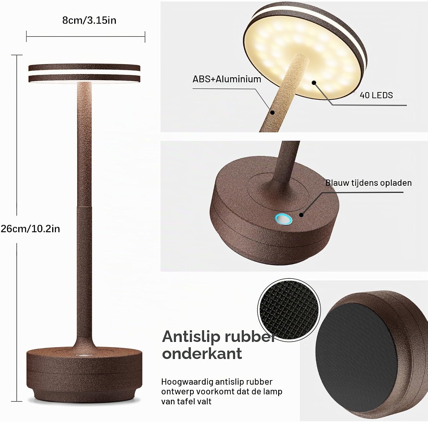 Detalle de bravzurg draadloze LED-tafellampen, set van 2, roestkleurig, dimbaar en IP54