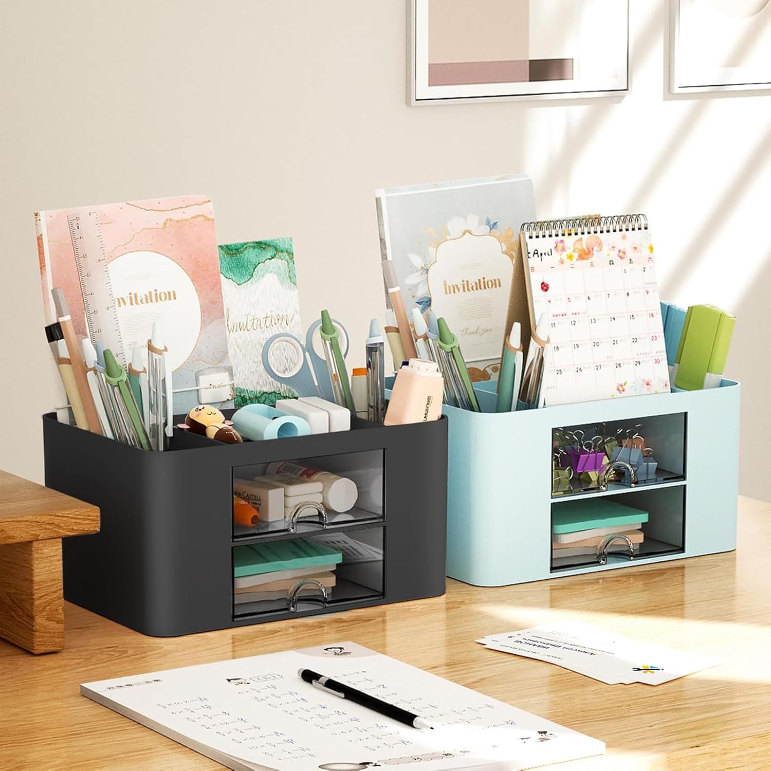 Detalle de Marbrasse Schreibtisch Organizer mit Schubladen – Multifunktionaler Desktop-Organizer in Schwarz