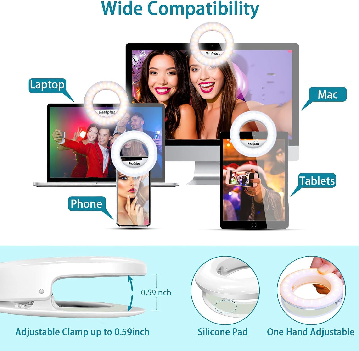 Thumbnail 4 de RealPlus Clip-on Selfie Ring Light (Rechargeable) with 40 LEDs — 3 Modes, Dimmable for Phone, Tablet and Laptop