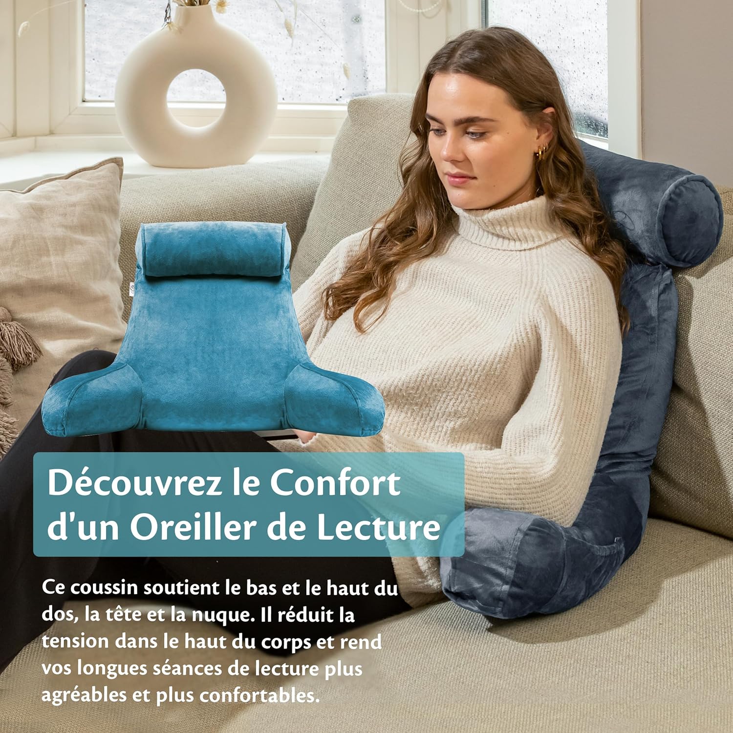 Thumbnail 1 de Ella Coussin de lecture avec rouleau de cou et accoudoirs en velours (bleu) — oreiller pour fauteuil, dos et nuque