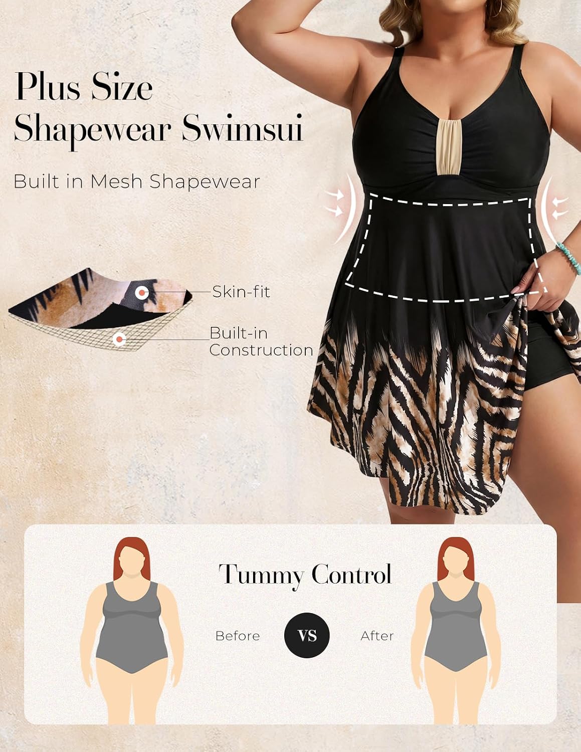 Detalle de Hanna Nikole Plus Size Swim Dress: One-Piece Tummy Control with Built-In Swim Skirt