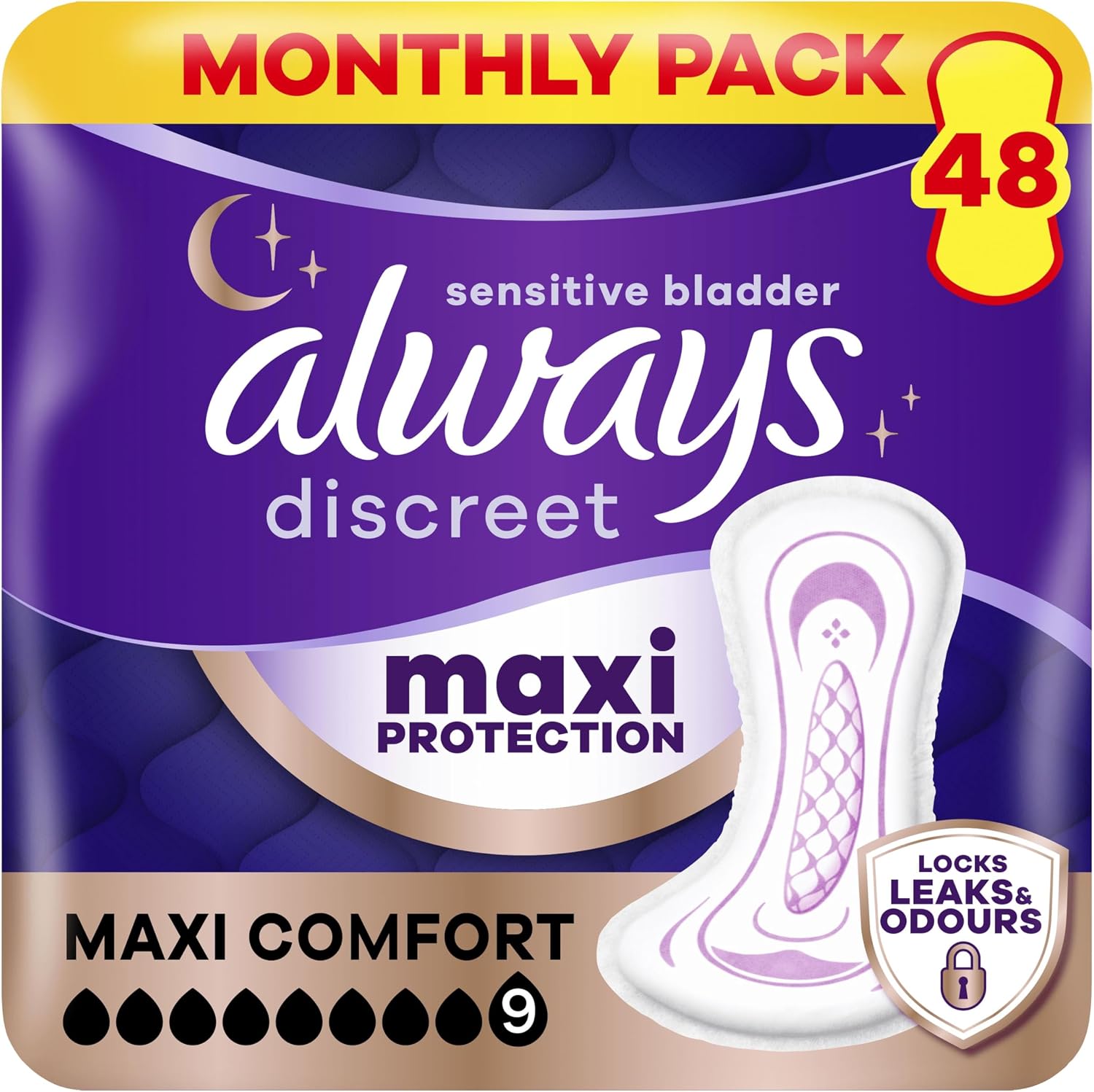 Detalle de Always Discreet Maxi Comfort Incontinence Pads for Women – Absorbency 9, 48 Pads