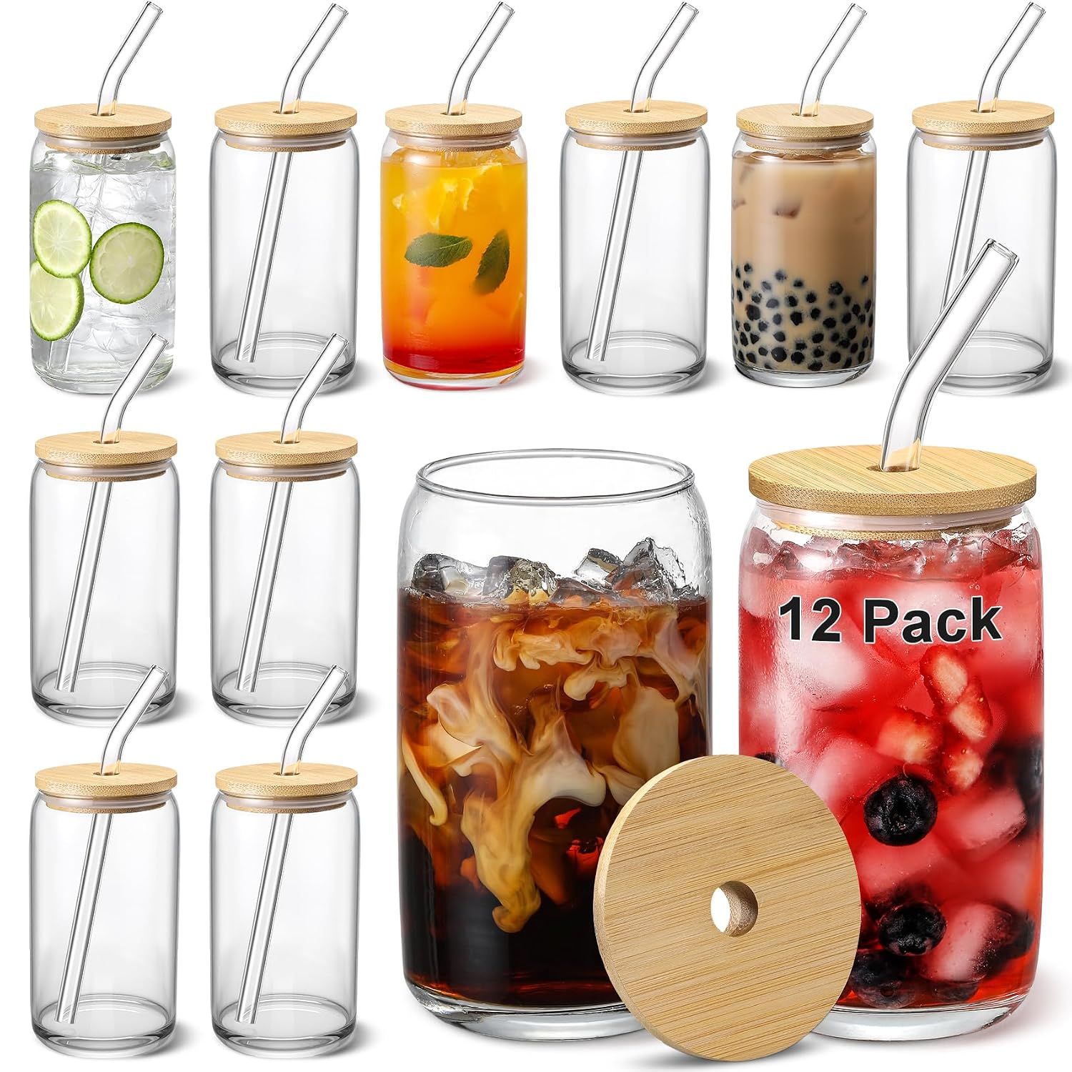 Detalle de Glass Cups with Bamboo Lids 16 oz set of 12 🥤