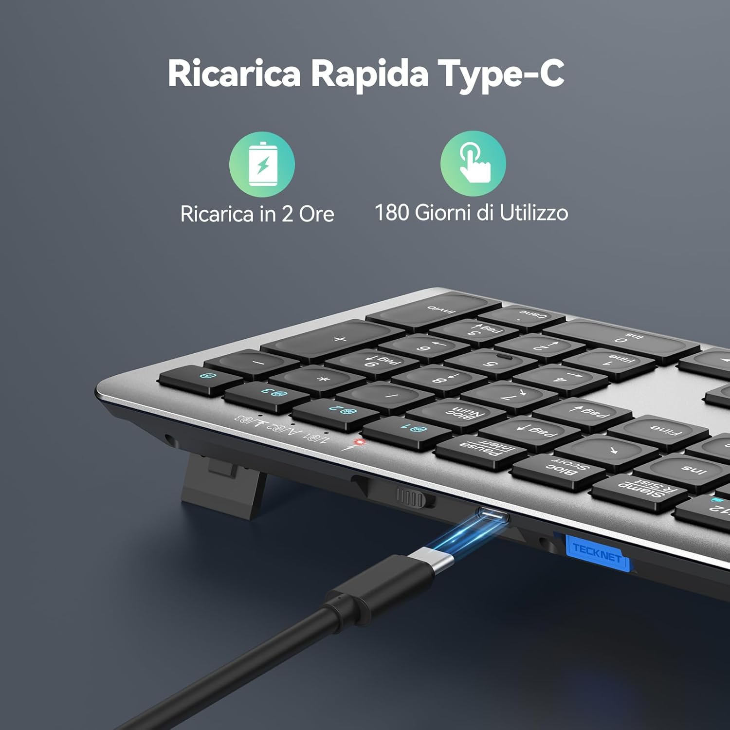 Thumbnail 2 de TECKNET Tastiera Wireless Full-Size: 4 Canali di Connessione, Bluetooth + 2.4G, USB-C ricaricabile