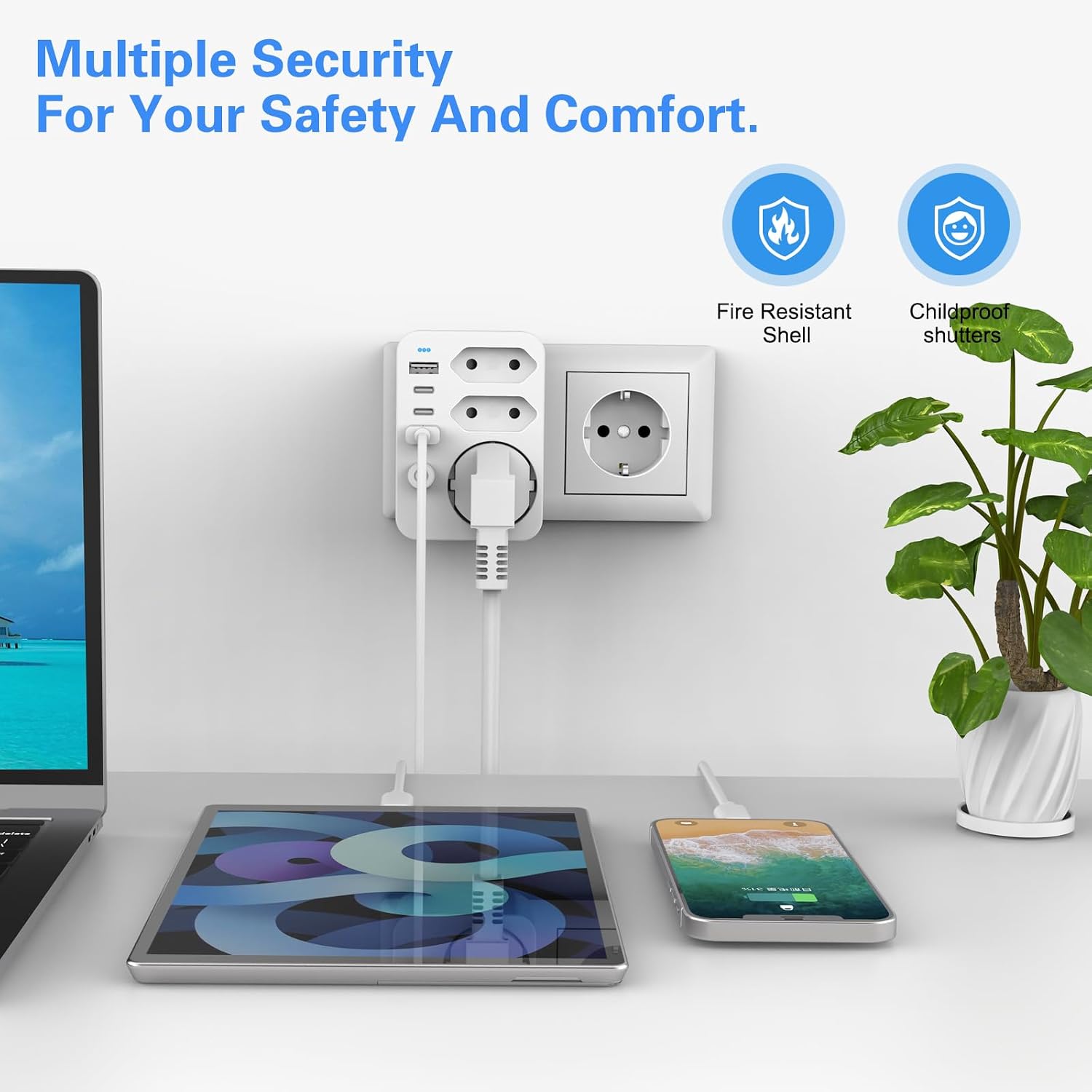 Thumbnail 6 de HANYEAL Mehrfachsteckdose mit USB – 6-in-1 Reise- und Haushaltslösung (EU-Stecker, 2 Schuko, Typ-C Schnellladung, 3 USB)