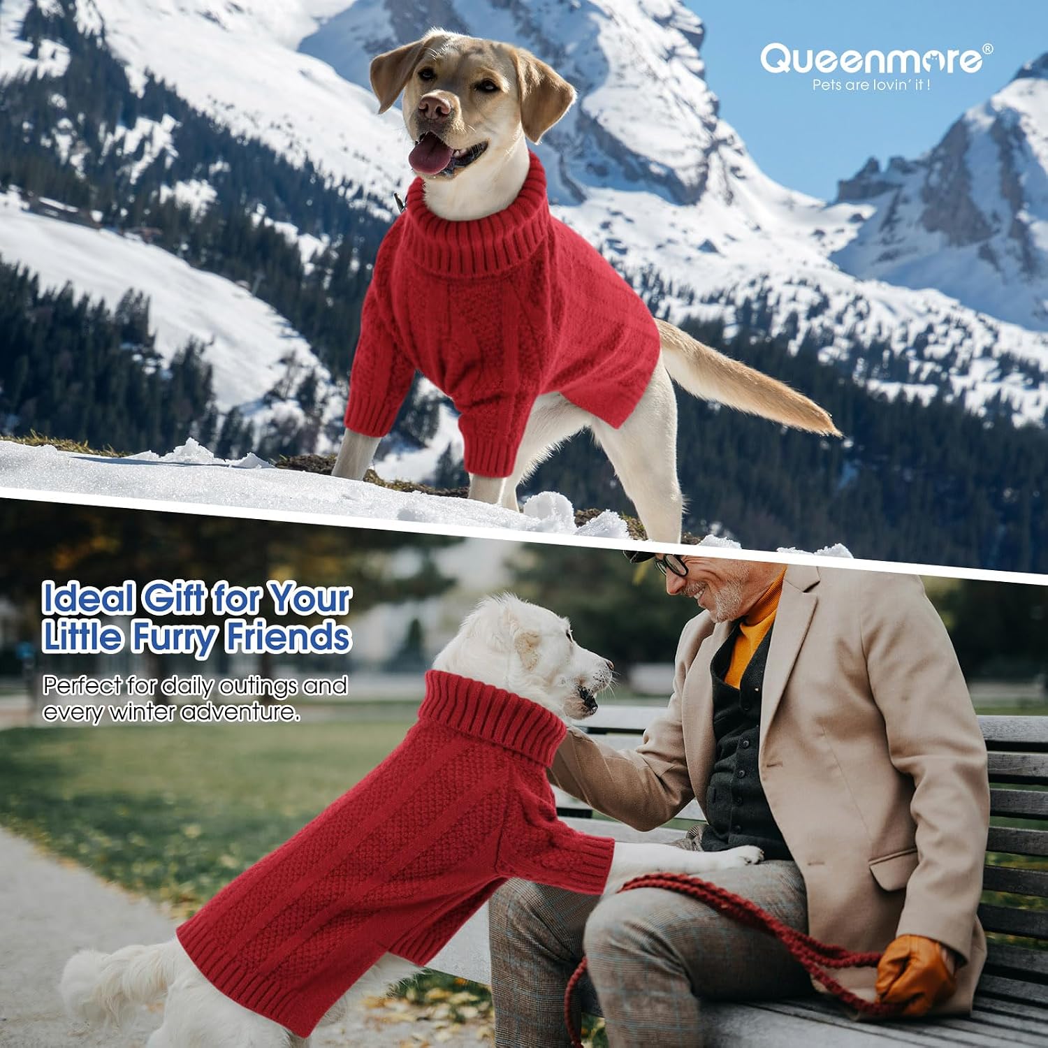 Detalle de Queenmore Christmas Dog Jumper (Red, XL) – ultra-soft knitted pet sweater for warmth and easy toilet access