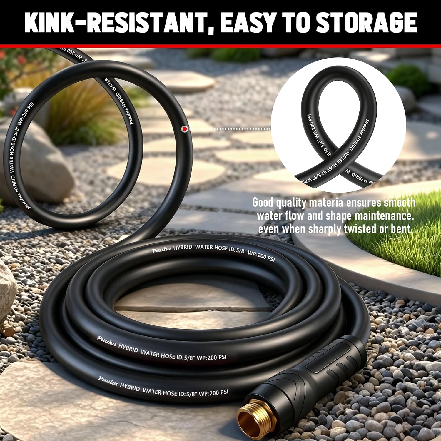 Detalle de PUUKU 100 ft Garden Hose, 5/8-Inch Hybrid, 600 PSI Burst Pressure