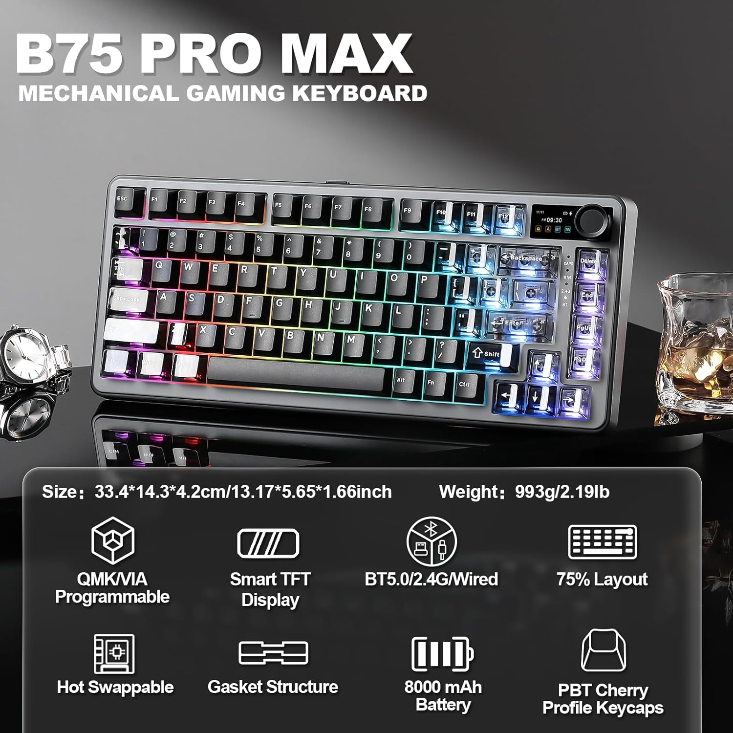 Thumbnail 1 de YUNZII B75 PRO MAX: Tastiera meccanica wireless 75% con TFT, Gasket e rotelle